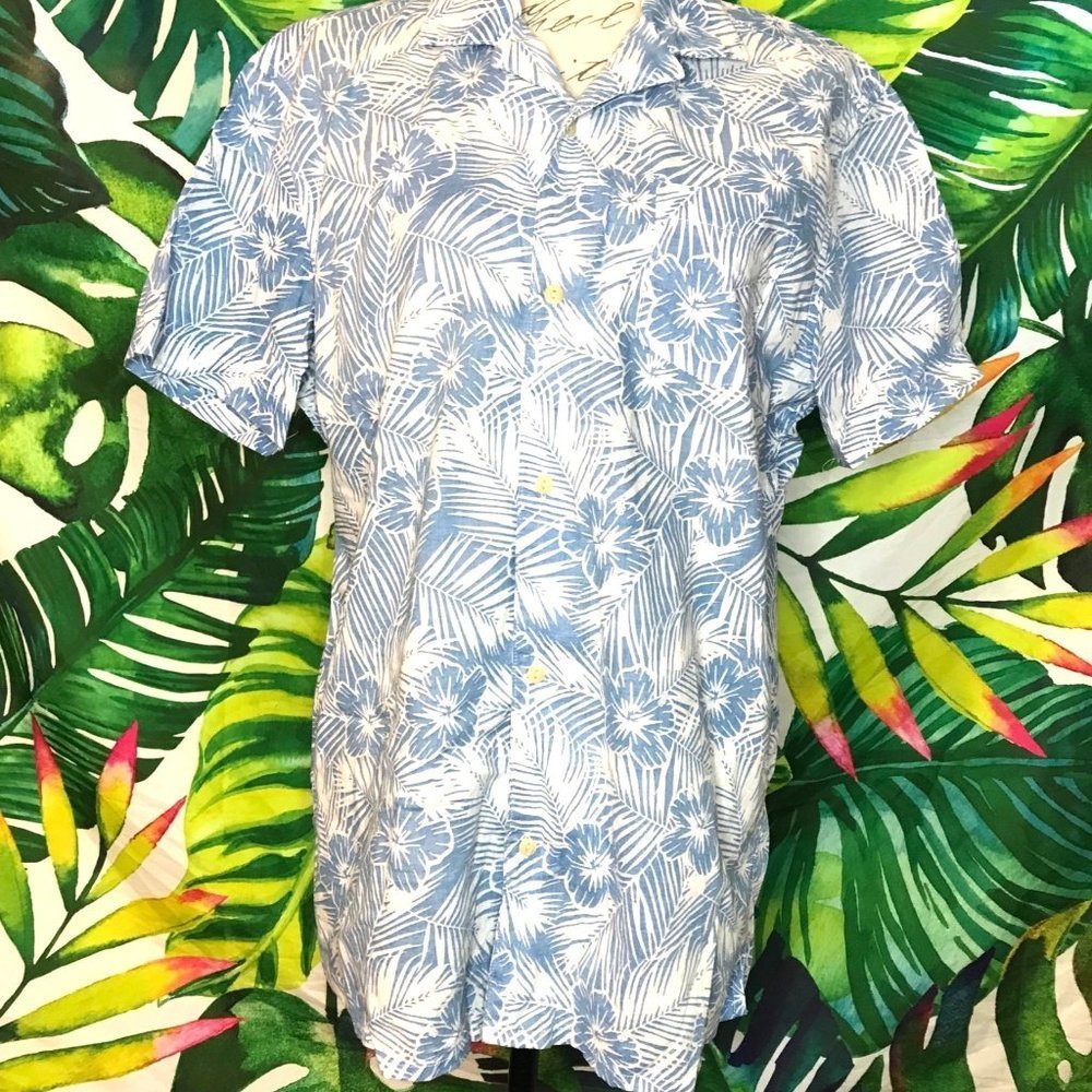 Euc $36 Sonoma Men's Medium Blue White Polynesian Hawaiian Button Front Shirt